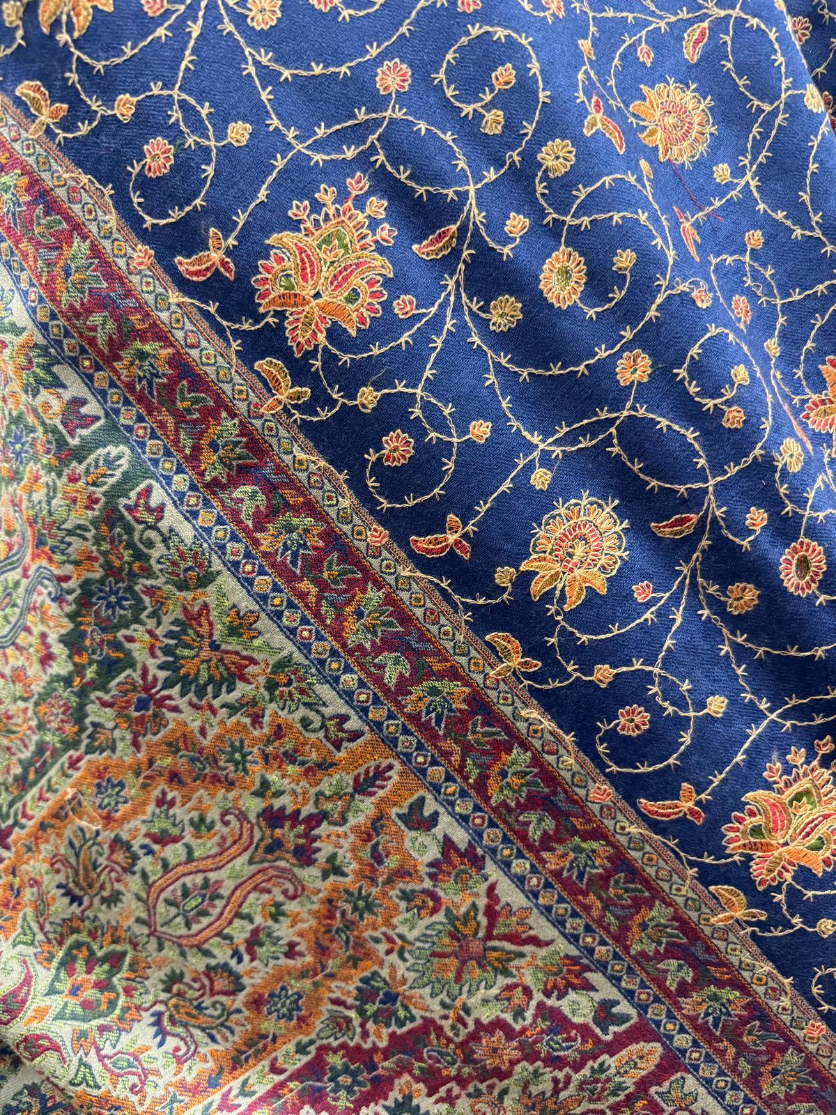 Pure Wool Hand-Embroidered Shawl in Deep Navy with Kashmiri Sozni Work – 100cm x 210cm