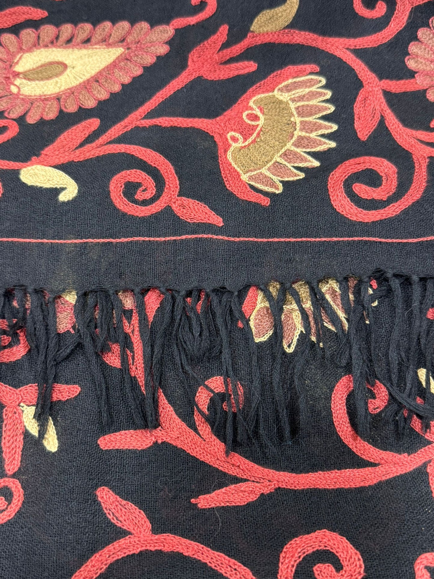 Embroidered Linen-Blend Shawl in Black & Red Floral Vine Design