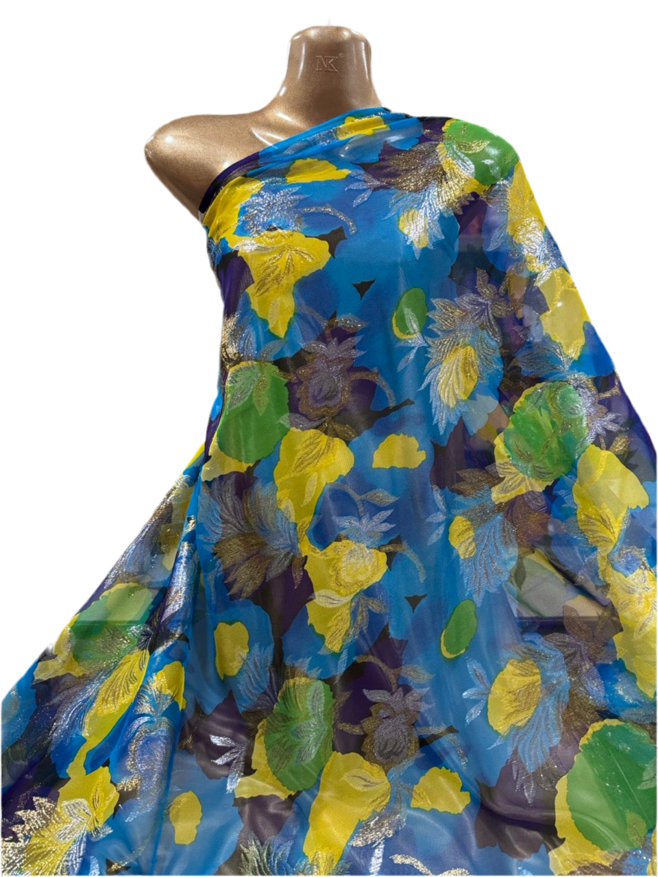 Silk Chiffon with Gold & Silver Lurex – Blue, Yellow & Green Floral (2 Metres)