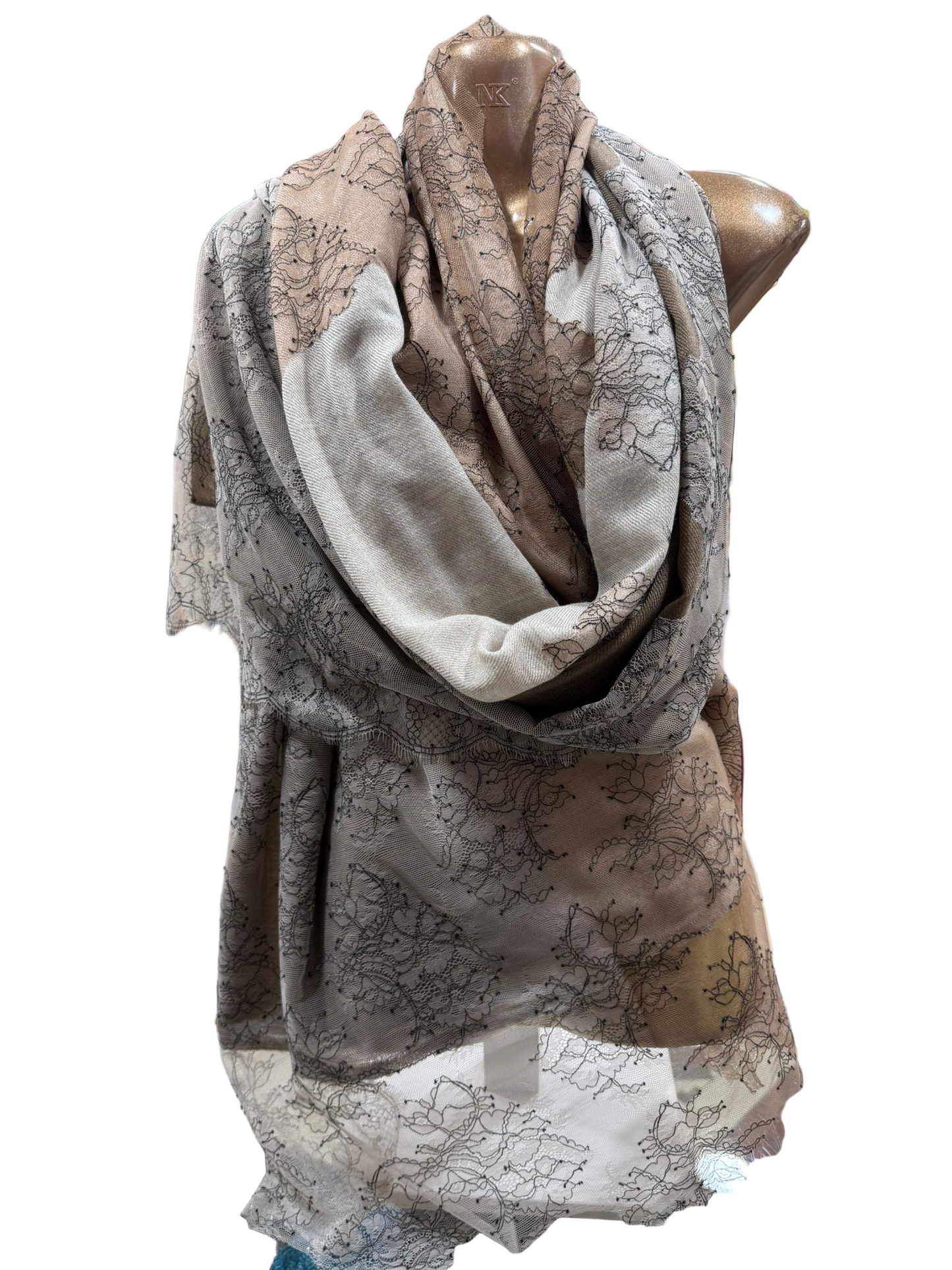 Lace-Trimmed Wool Shawl in Taupe & Stone Ombre
