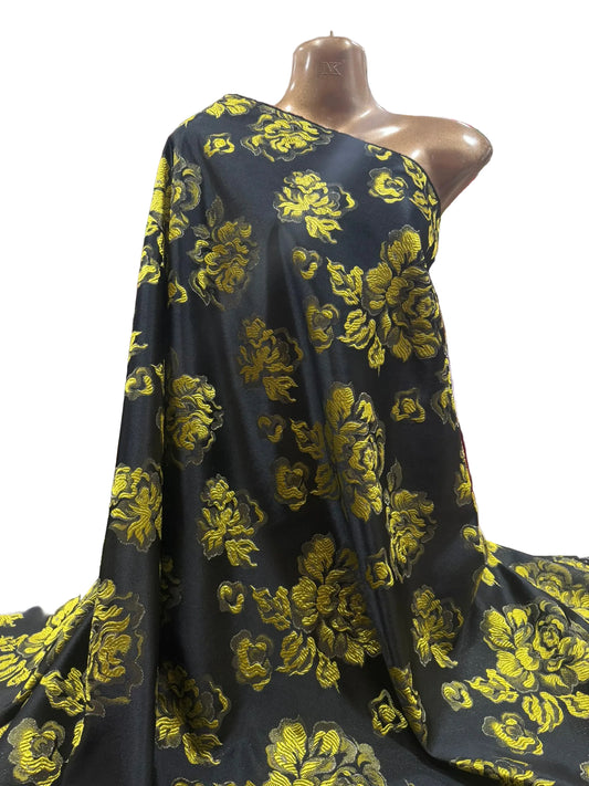 Black Brocade Fabric with Yellow Roses (112cm Wide)