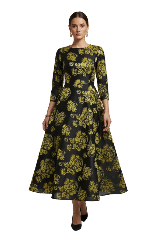 Black Brocade Fabric with Yellow Roses (112cm Wide)