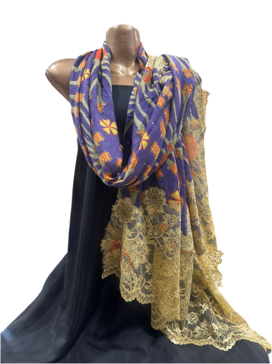 Luxury Wool & Lace Shawl with Skull Motif – Purple & Gold Edition