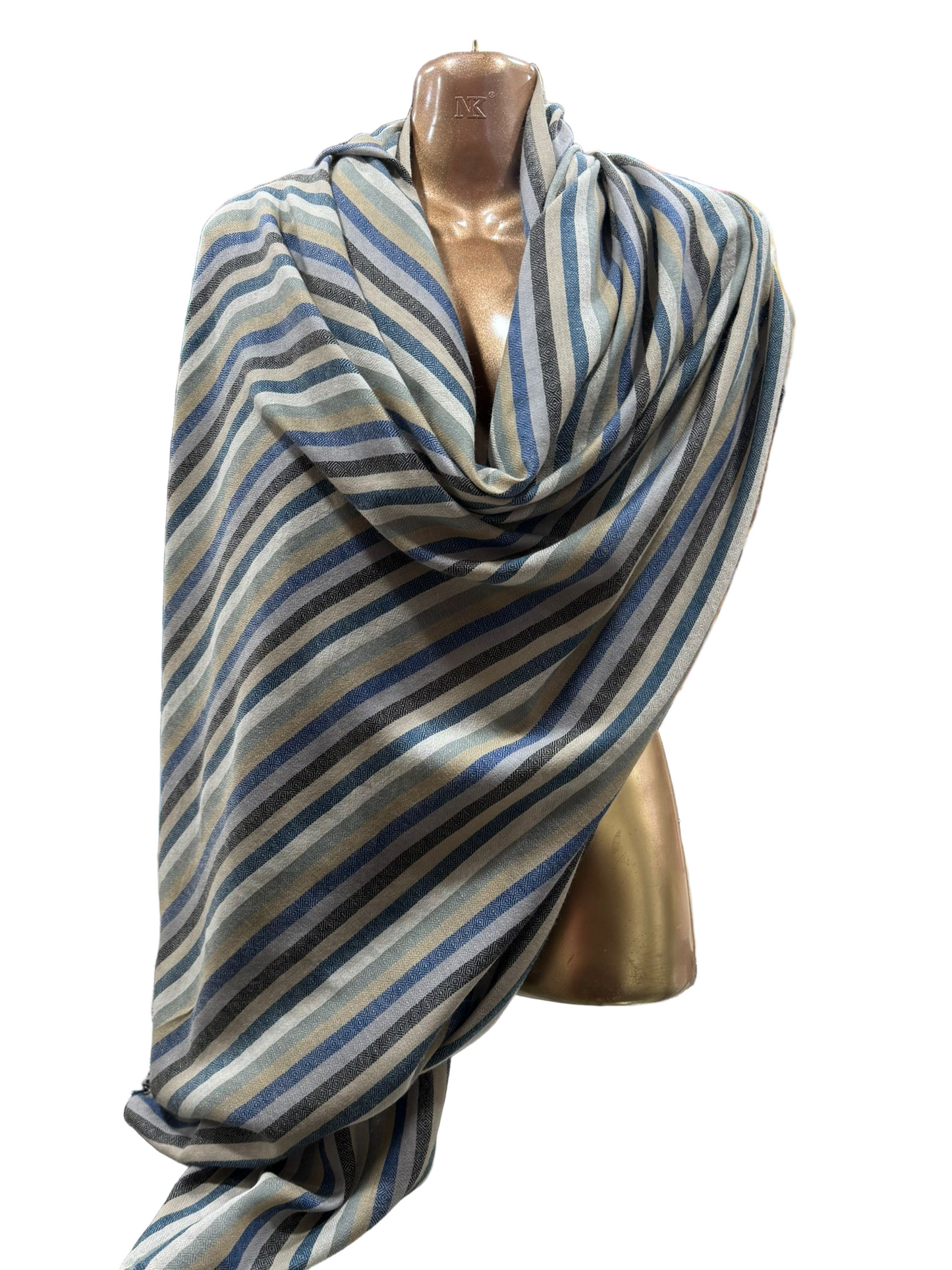 Striped Wool-Blend Shawl in Blue & Sandstone Tones