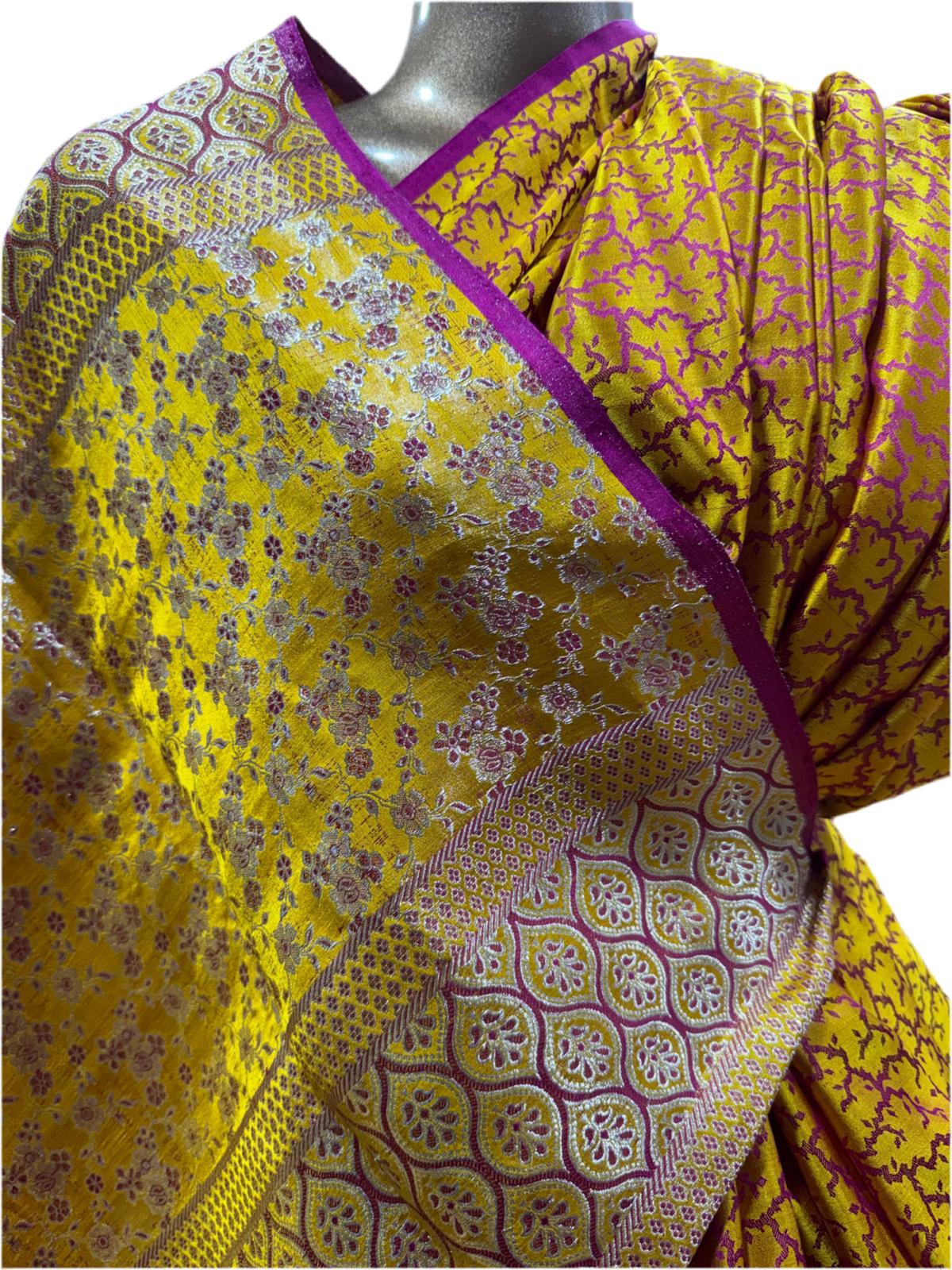 Banarasi Handwoven Silk Sari in Marigold Gold & Magenta – Crafted in Varanasi
