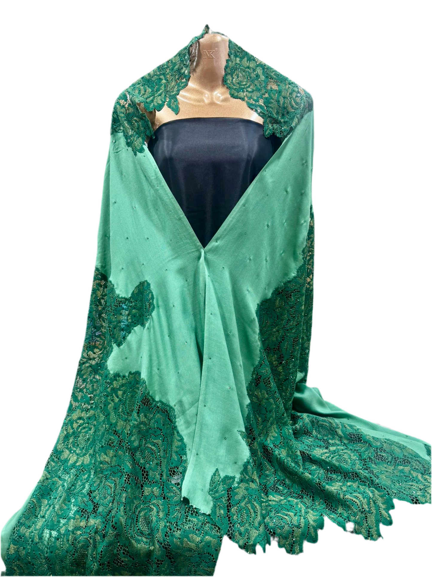 Luxury Wool & Lace Shawl with Crystal Stone Detailing – Emerald Green
