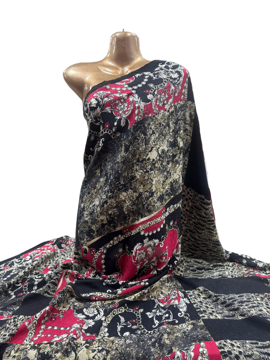 Luxury Silk Square Scarf – Black, Red & Gold Baroque Design (100% Silk, Made in India)