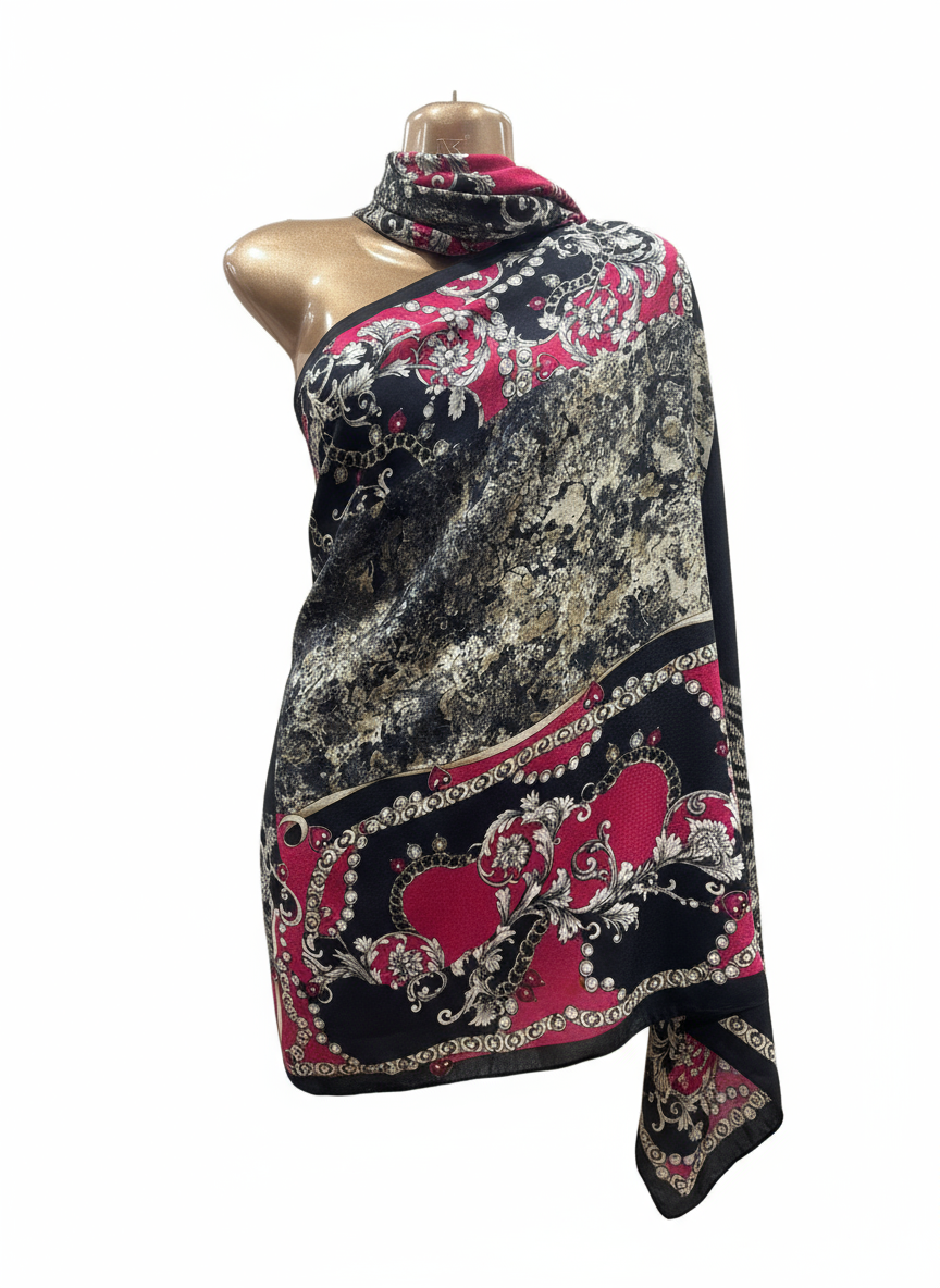 Luxury Silk Square Scarf – Black, Red & Gold Baroque Design (100% Silk, Made in India)