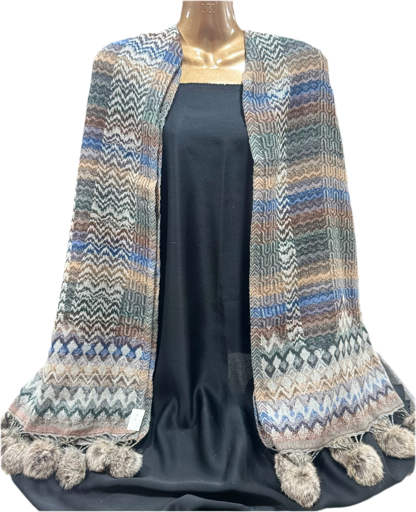 Luxury Wool & Cotton Patterned Shawl with Pom-Pom Trim – Multicolour
