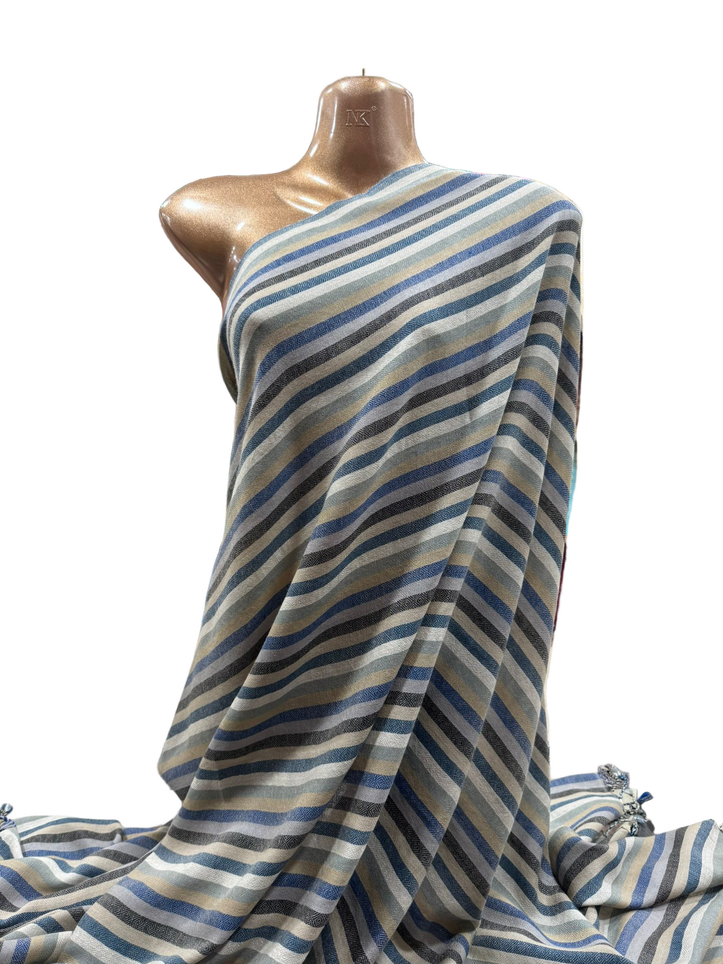 Striped Wool-Blend Shawl in Blue & Sandstone Tones
