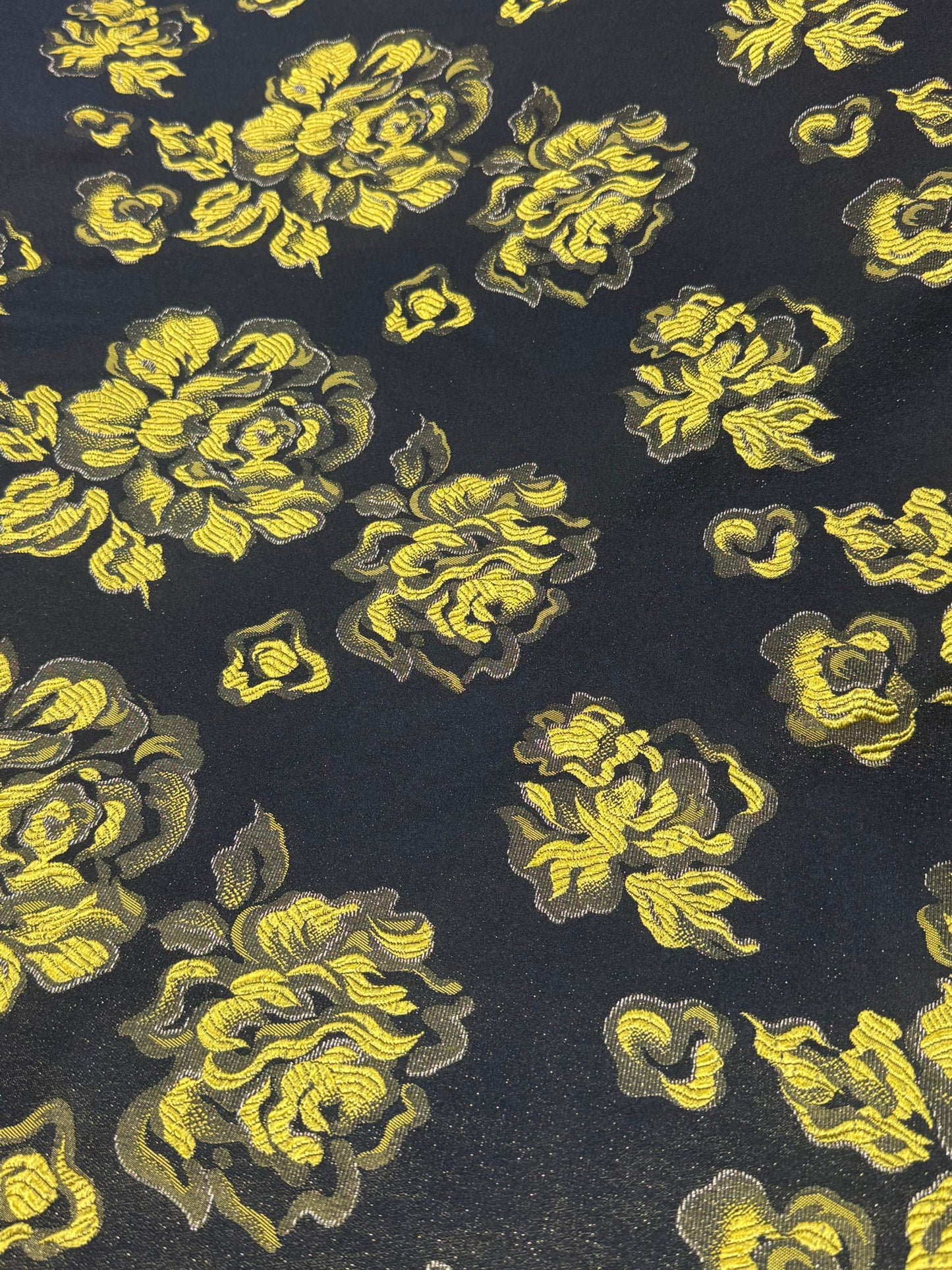Black Brocade Fabric with Yellow Roses (112cm Wide)
