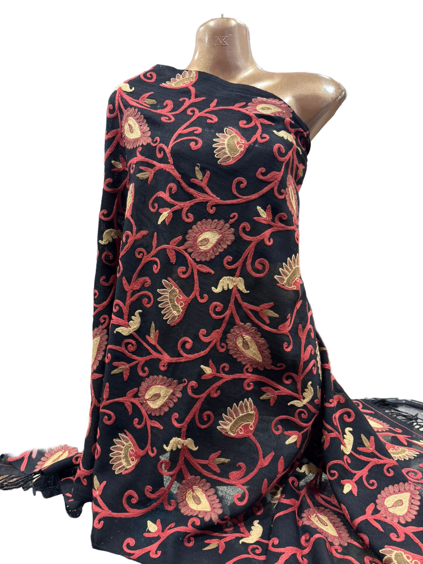 Embroidered Linen-Blend Shawl in Black & Red Floral Vine Design
