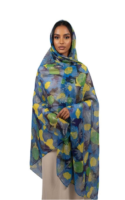 Silk Chiffon with Gold & Silver Lurex – Blue, Yellow & Green Floral (2 Metres)