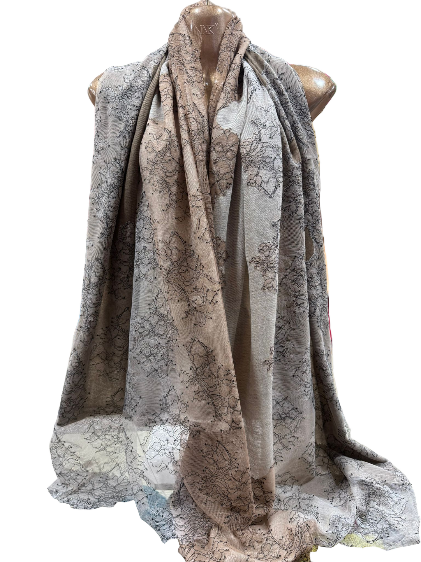 Lace-Trimmed Wool Shawl in Taupe & Stone Ombre