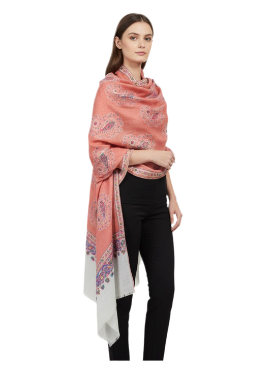 Luxury Wool Shawl with Paisley & Floral Border – Coral Pink