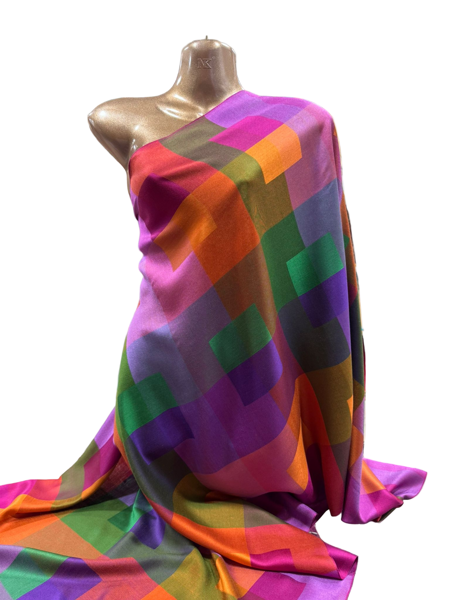 Vibrant Multicolour Geometric Shawl – Satin Finish, Lightweight Drape (Made in India)