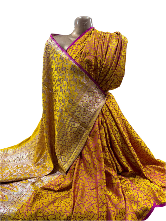 Banarasi Handwoven Silk Sari in Marigold Gold & Magenta – Crafted in Varanasi