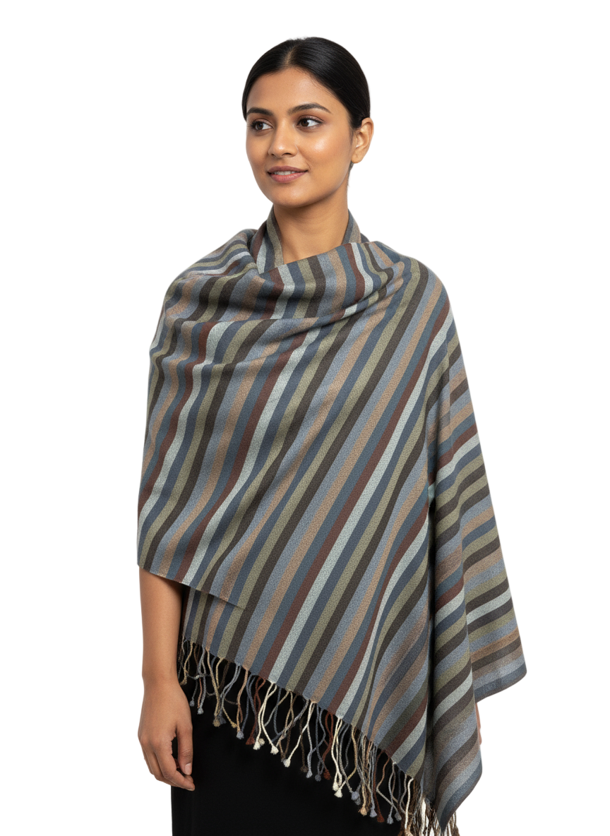 Striped Wool-Blend Shawl in Earth & Steel Tones