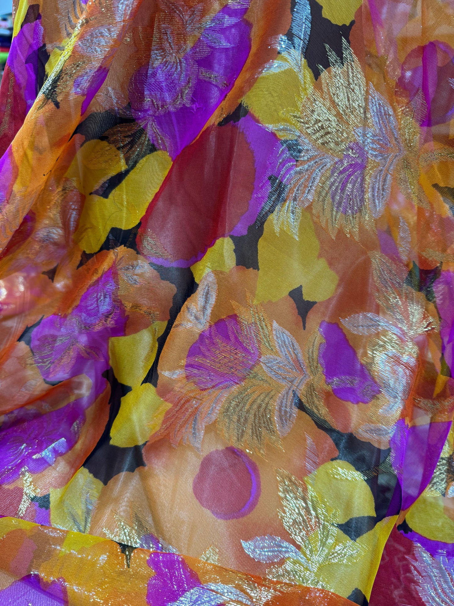 Korean Silk Chiffon with Gold & Silver Lurex – Orange Floral (2 Metres)