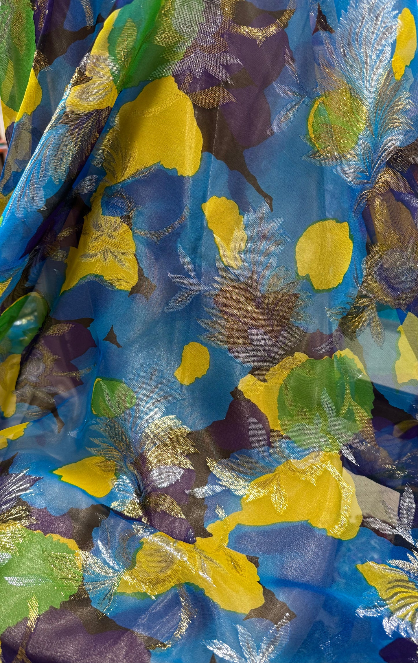 Silk Chiffon with Gold & Silver Lurex – Blue, Yellow & Green Floral (2 Metres)
