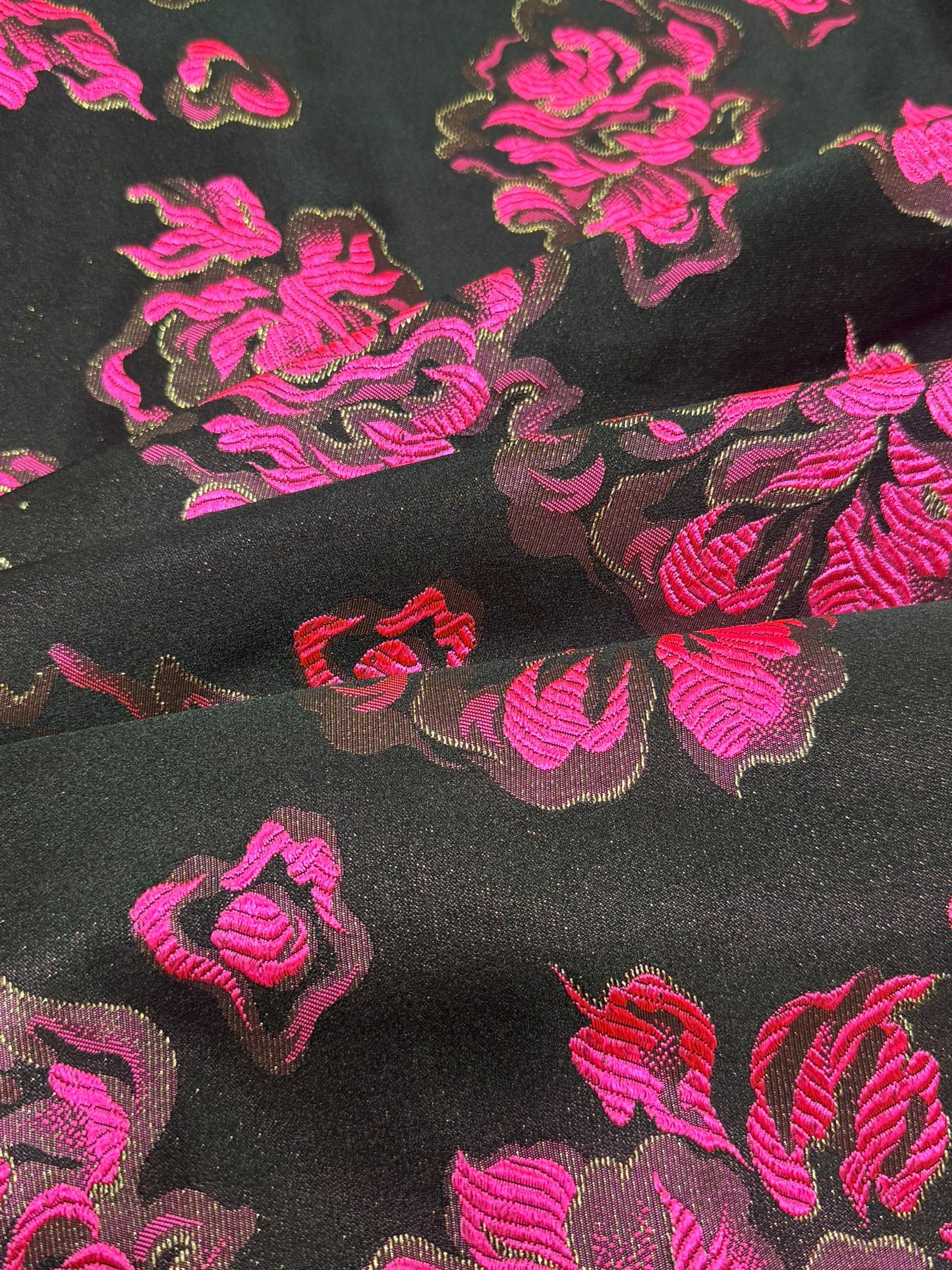 Black Brocade Fabric with Hot Pink Roses (112cm Wide)