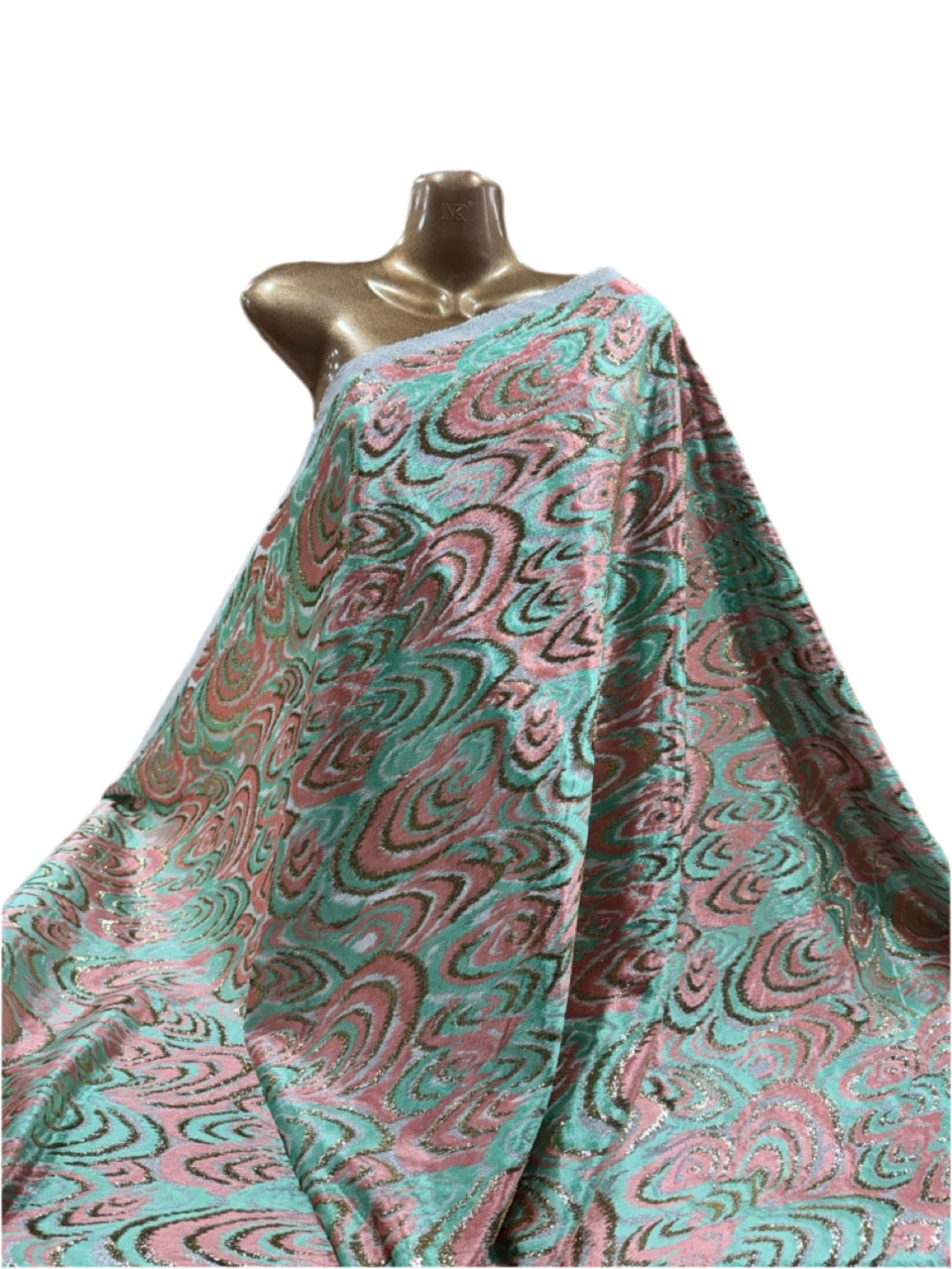 Metallic Velvet Jacquard Fabric – Pink & Mint Swirl Design (Sold Per Metre)