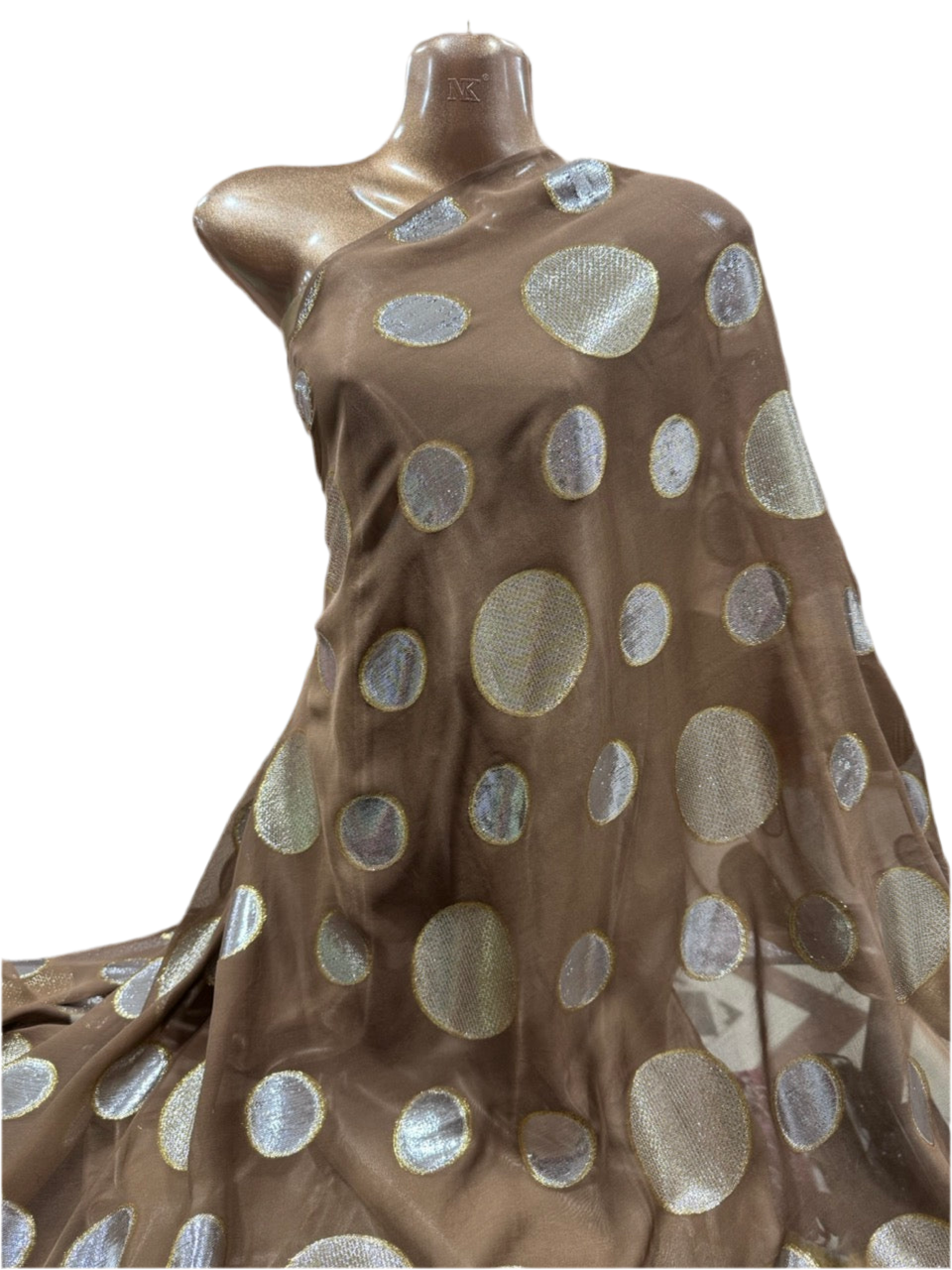 Korean Silk with Gold & Silver Lurex – Mocha Polka Dot (2.25 Metres)