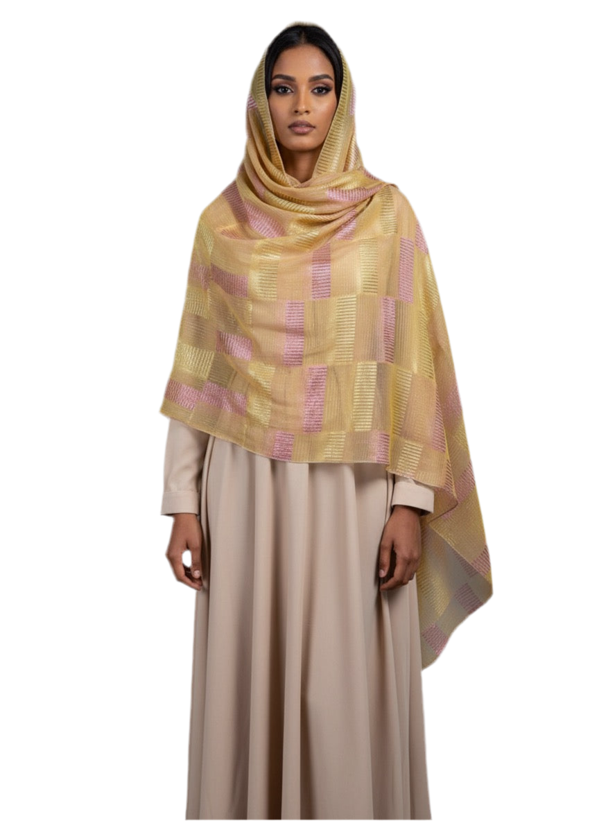 Silk Chiffon with Gold & Pink Lurex – Gold Check Design (2 Metres)