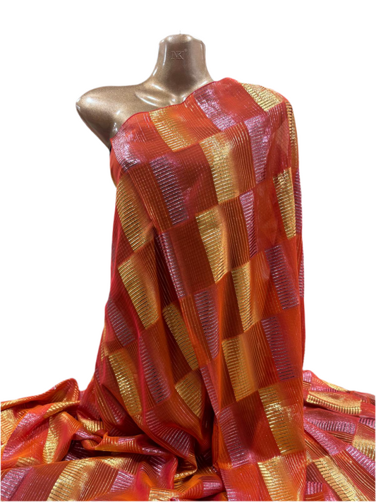 Silk Chiffon with Gold & Pink Lurex – Orange Check Design (2 Metres)