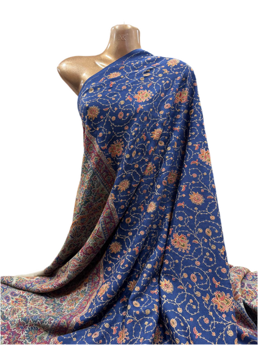Pure Wool Hand-Embroidered Shawl in Deep Navy with Kashmiri Sozni Work – 100cm x 210cm