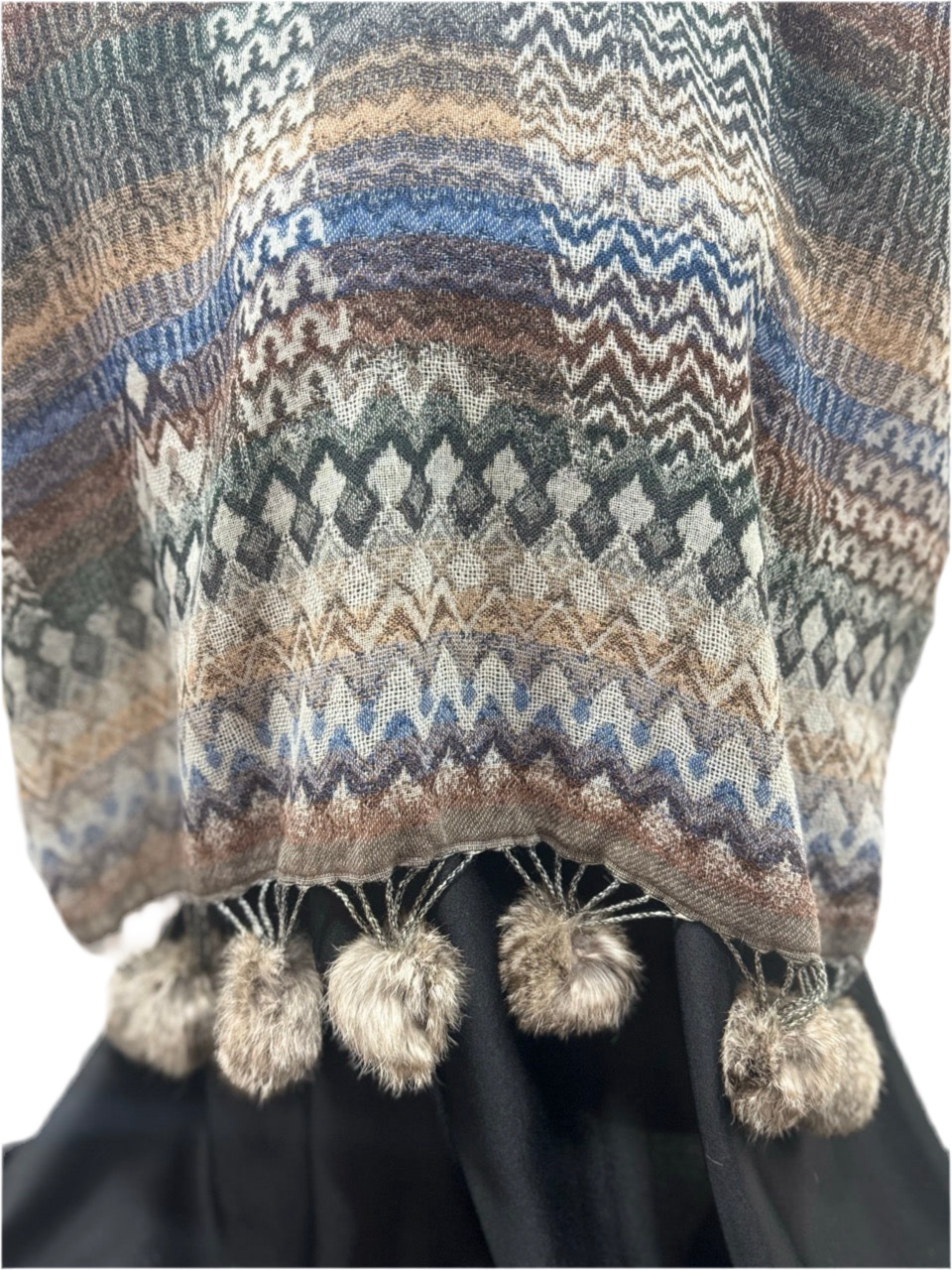Luxury Wool & Cotton Patterned Shawl with Pom-Pom Trim – Multicolour