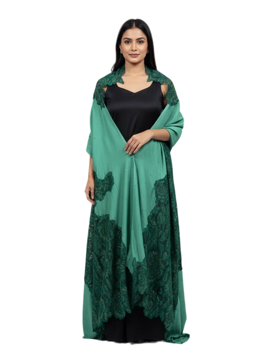 Luxury Wool & Lace Shawl with Crystal Stone Detailing – Emerald Green