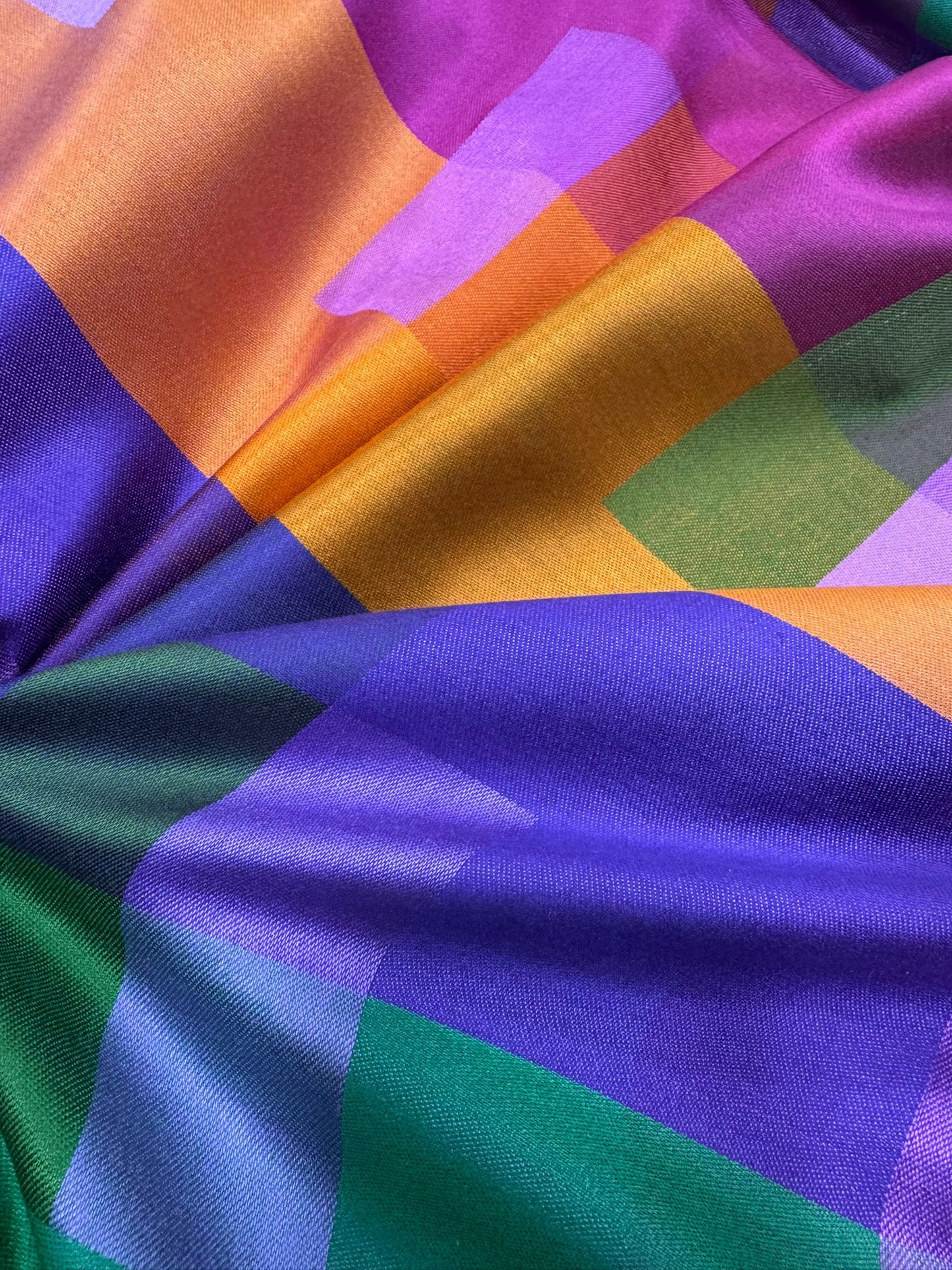Vibrant Multicolour Geometric Shawl – Satin Finish, Lightweight Drape (Made in India)