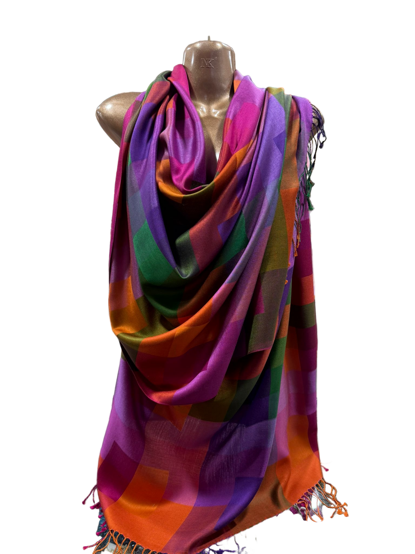Vibrant Multicolour Geometric Shawl – Satin Finish, Lightweight Drape (Made in India)