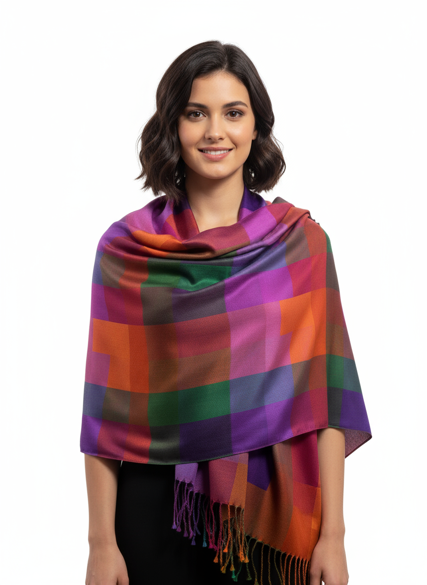 Vibrant Multicolour Geometric Shawl – Satin Finish, Lightweight Drape (Made in India)