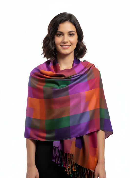 Vibrant Multicolour Geometric Shawl – Satin Finish, Lightweight Drape (Made in India)