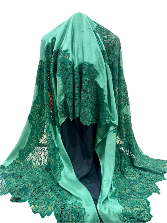 Luxury Wool & Lace Shawl with Crystal Stone Detailing – Emerald Green