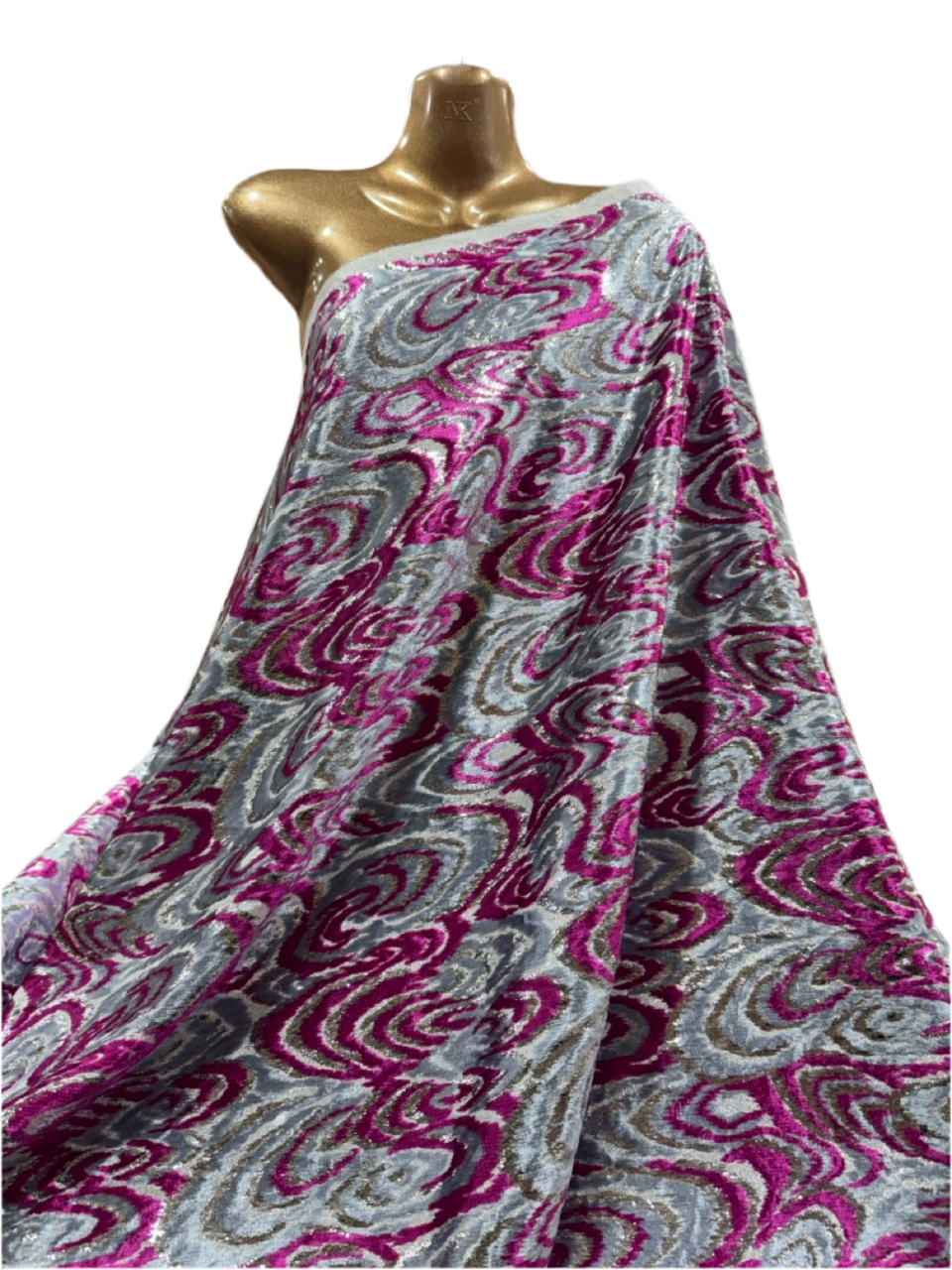 Pink & Silver Metallic Velvet Fabric – Abstract Swirl Design (Sold Per Metre)