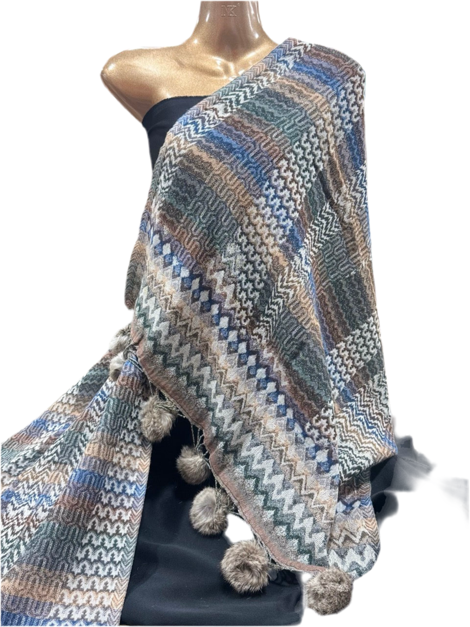 Luxury Wool & Cotton Patterned Shawl with Pom-Pom Trim – Multicolour