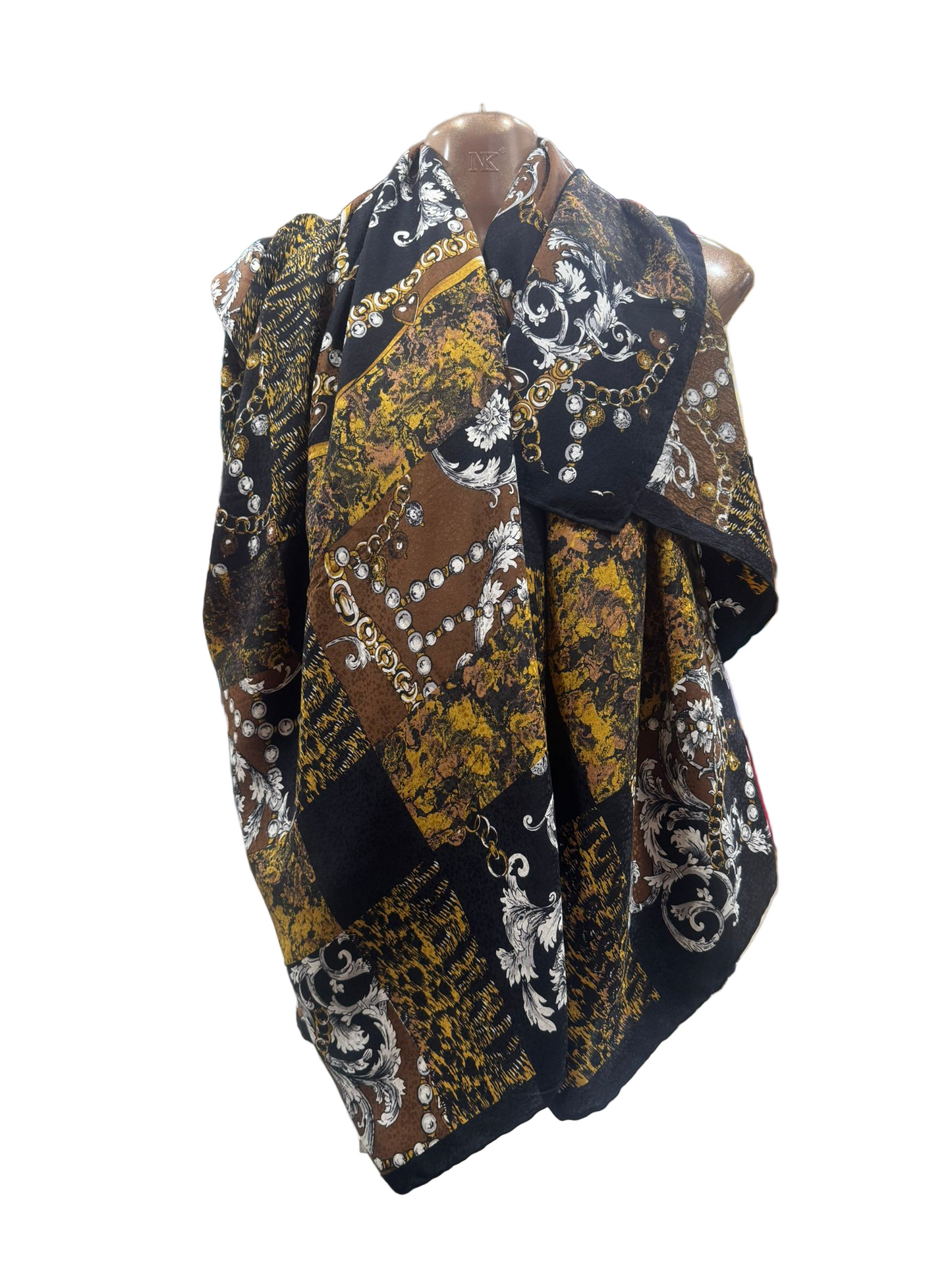 Luxury Silk Square Scarf – Black, Gold & Bronze Regal Baroque Design (100% Silk)