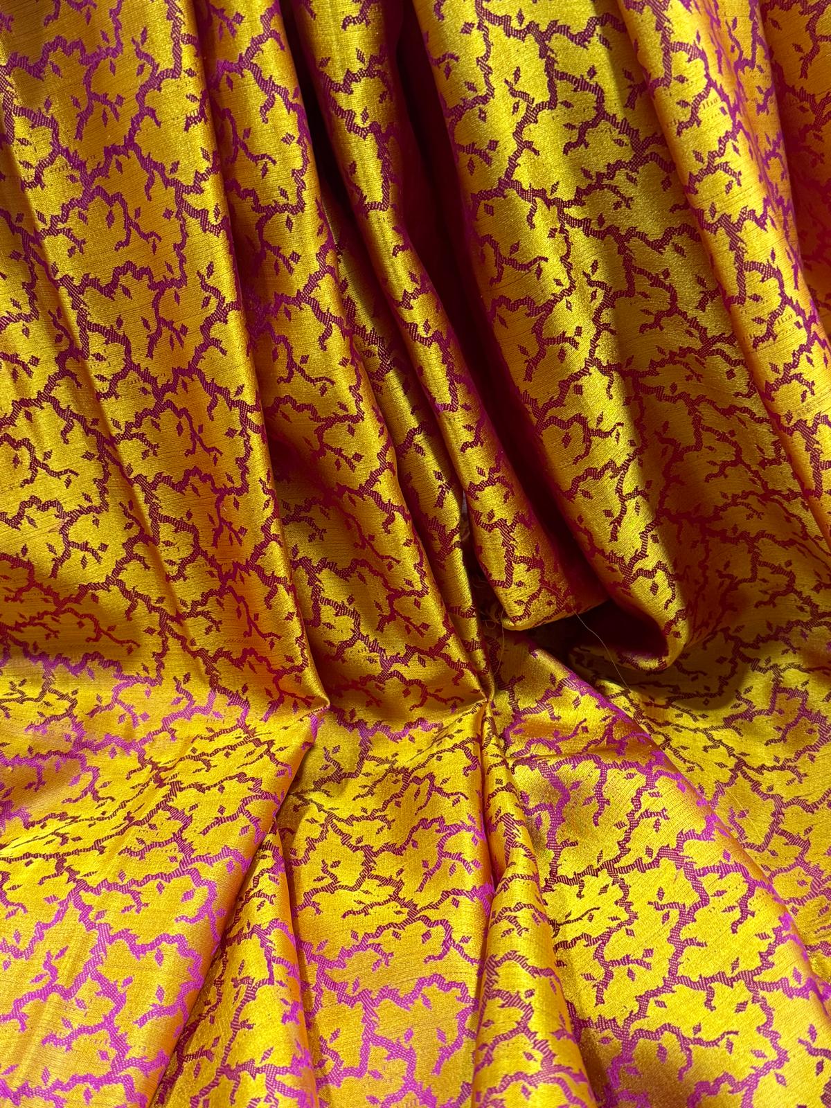 Banarasi Handwoven Silk Sari in Marigold Gold & Magenta – Crafted in Varanasi