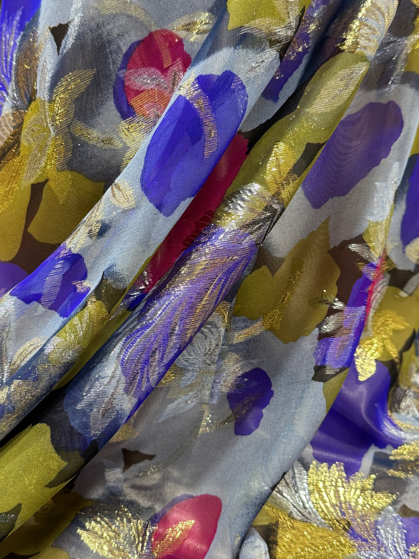 Printed Silk Chiffon with Gold & Silver Lurex – 2 Metre Length (Korean Origin)
