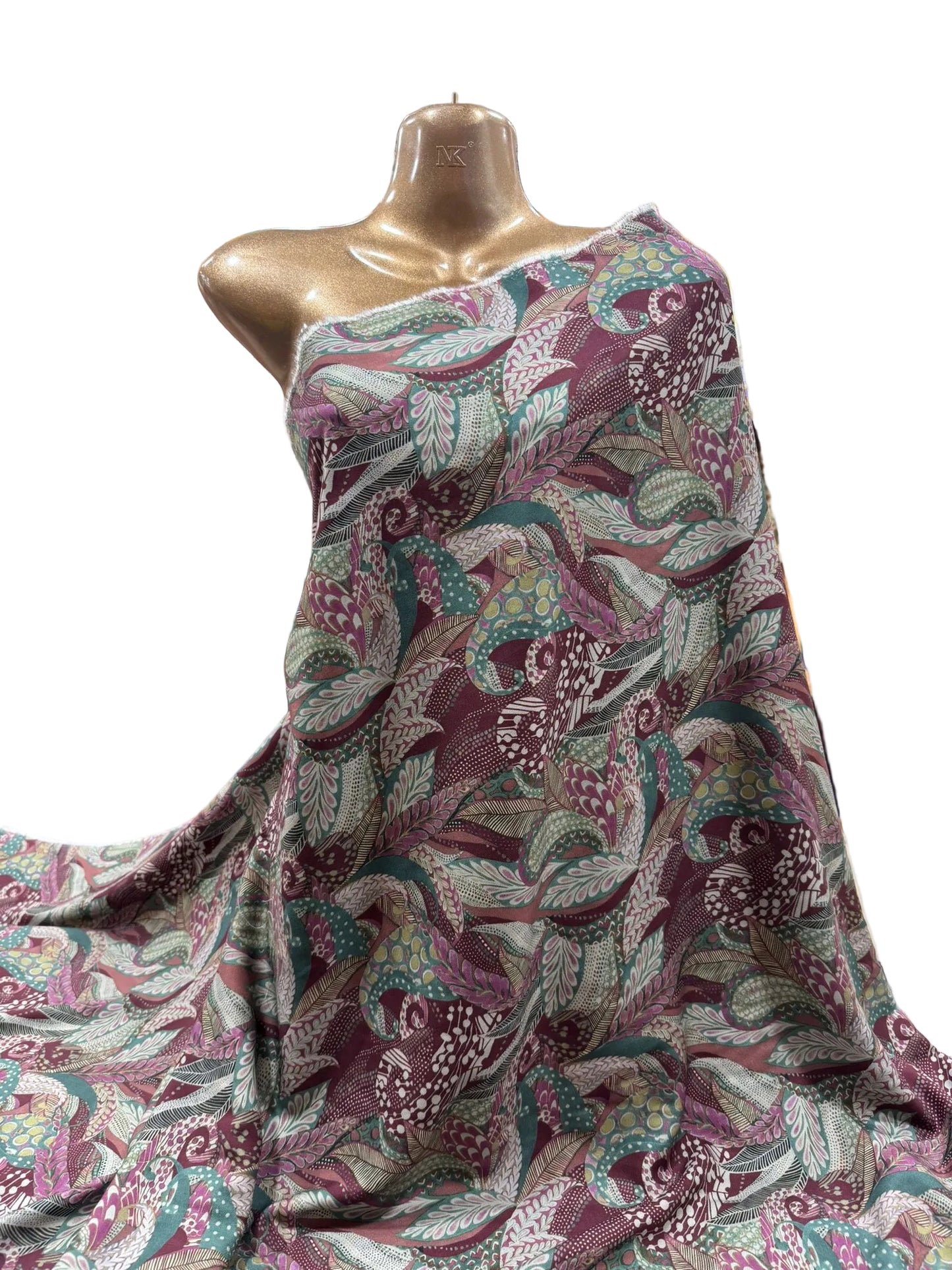 Burgundy and Teal Botanical Swirl Viscose Blend Fabric (112cm Wide)