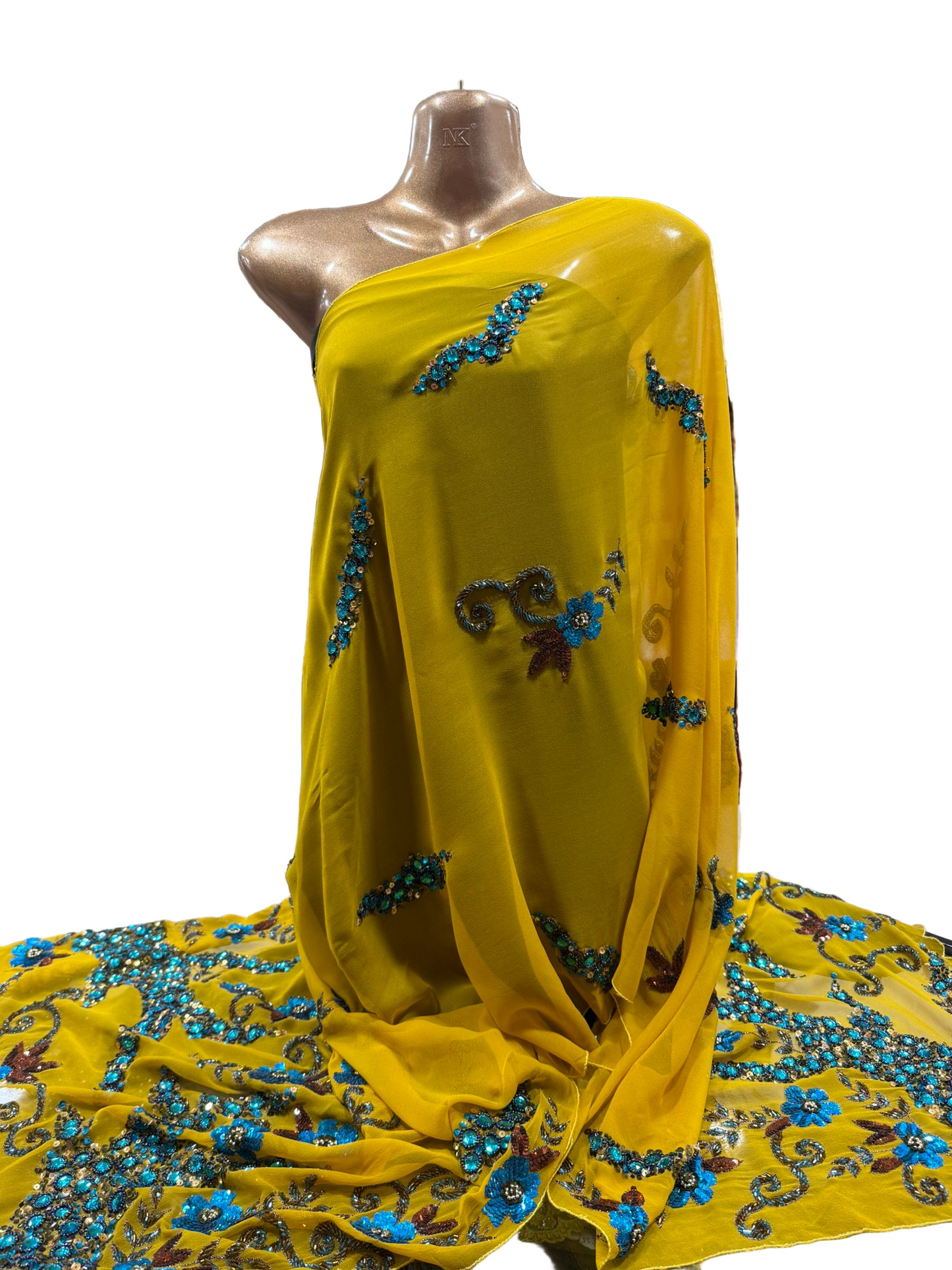 Mustard Yellow Hand-Embroidered Chiffon ‘Dupatta’ with Blue Floral Detailing