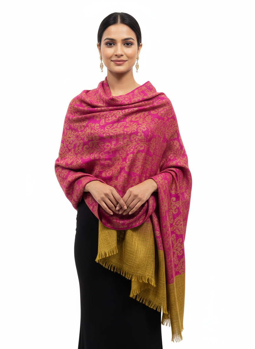 Luxury Wool Shawl – Magenta & Mustard Gold Reversible Weave (100% Wool, Online Exclusive)