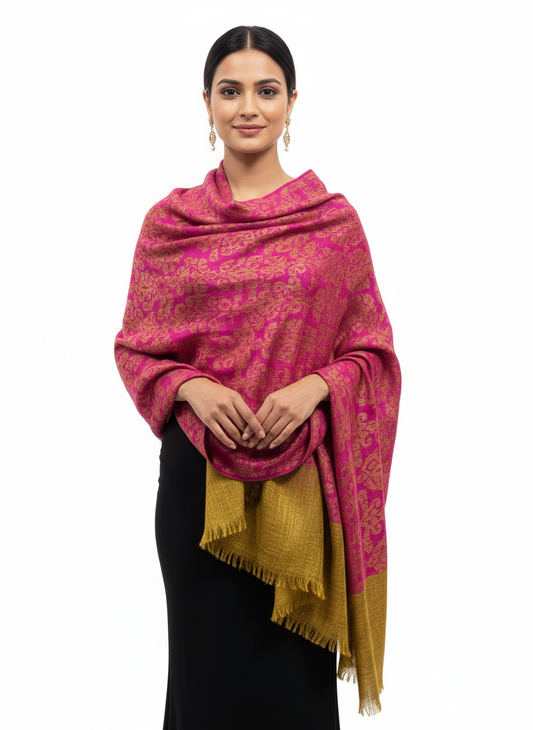 Luxury Wool Shawl – Magenta & Mustard Gold Reversible Weave (100% Wool, Online Exclusive)