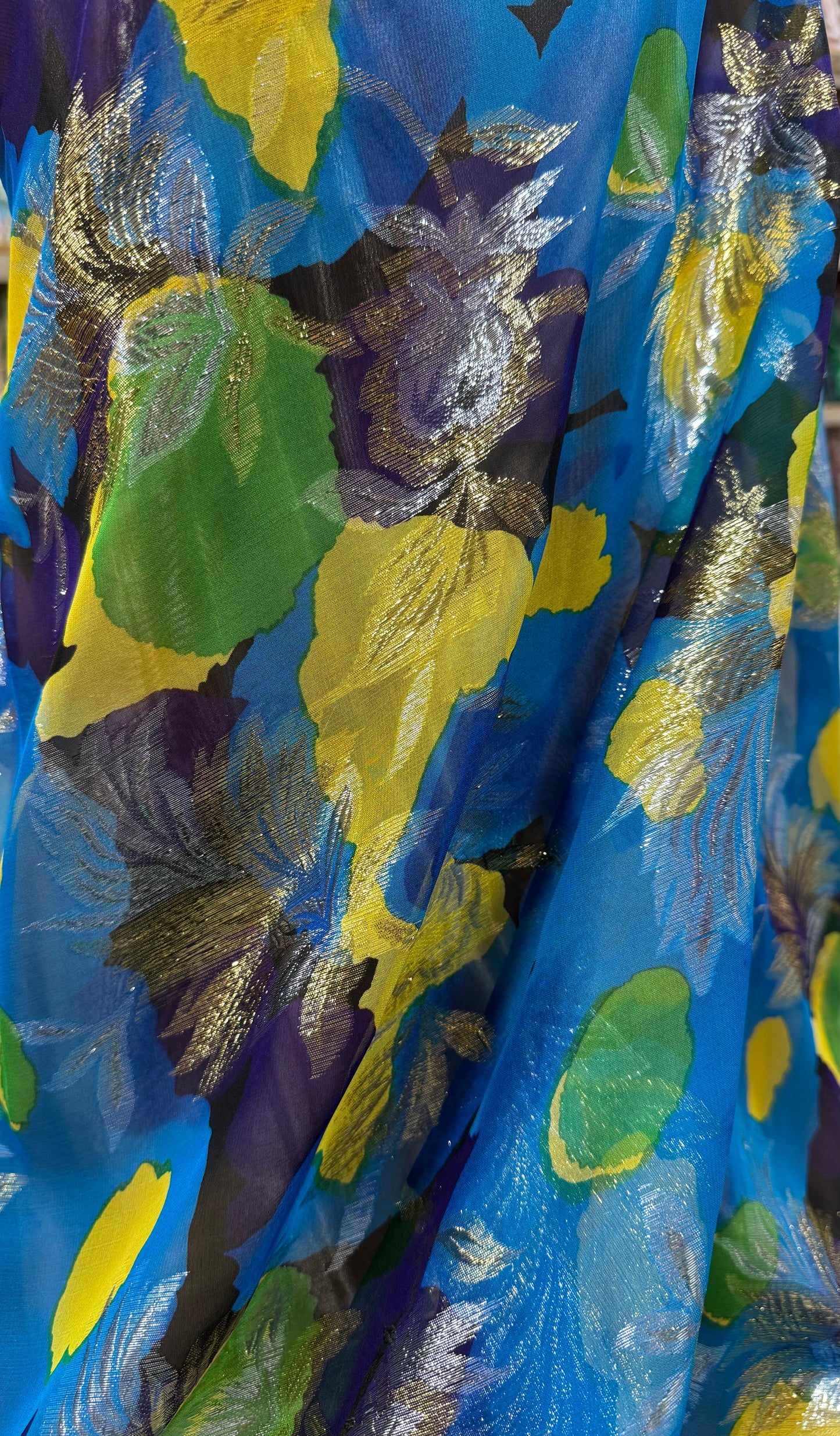 Silk Chiffon with Gold & Silver Lurex – Blue, Yellow & Green Floral (2 Metres)