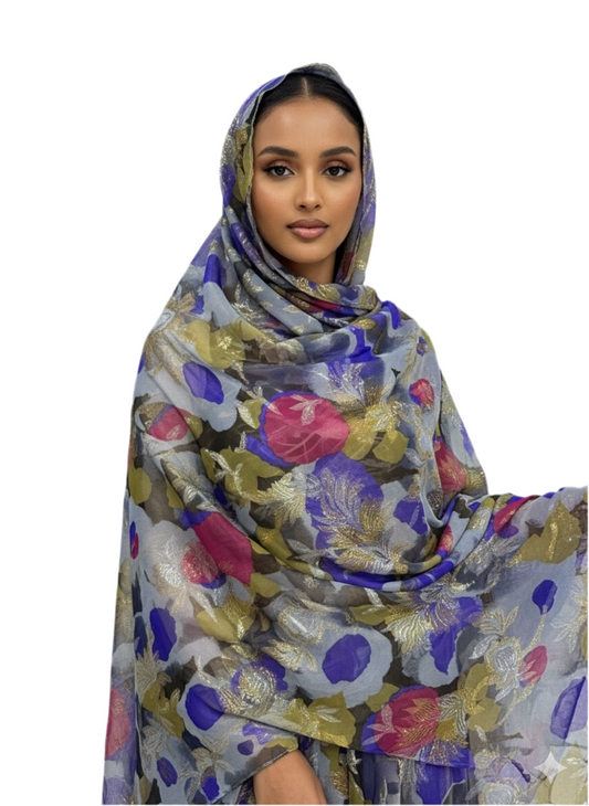 Printed Silk Chiffon with Gold & Silver Lurex – 2 Metre Length (Korean Origin)