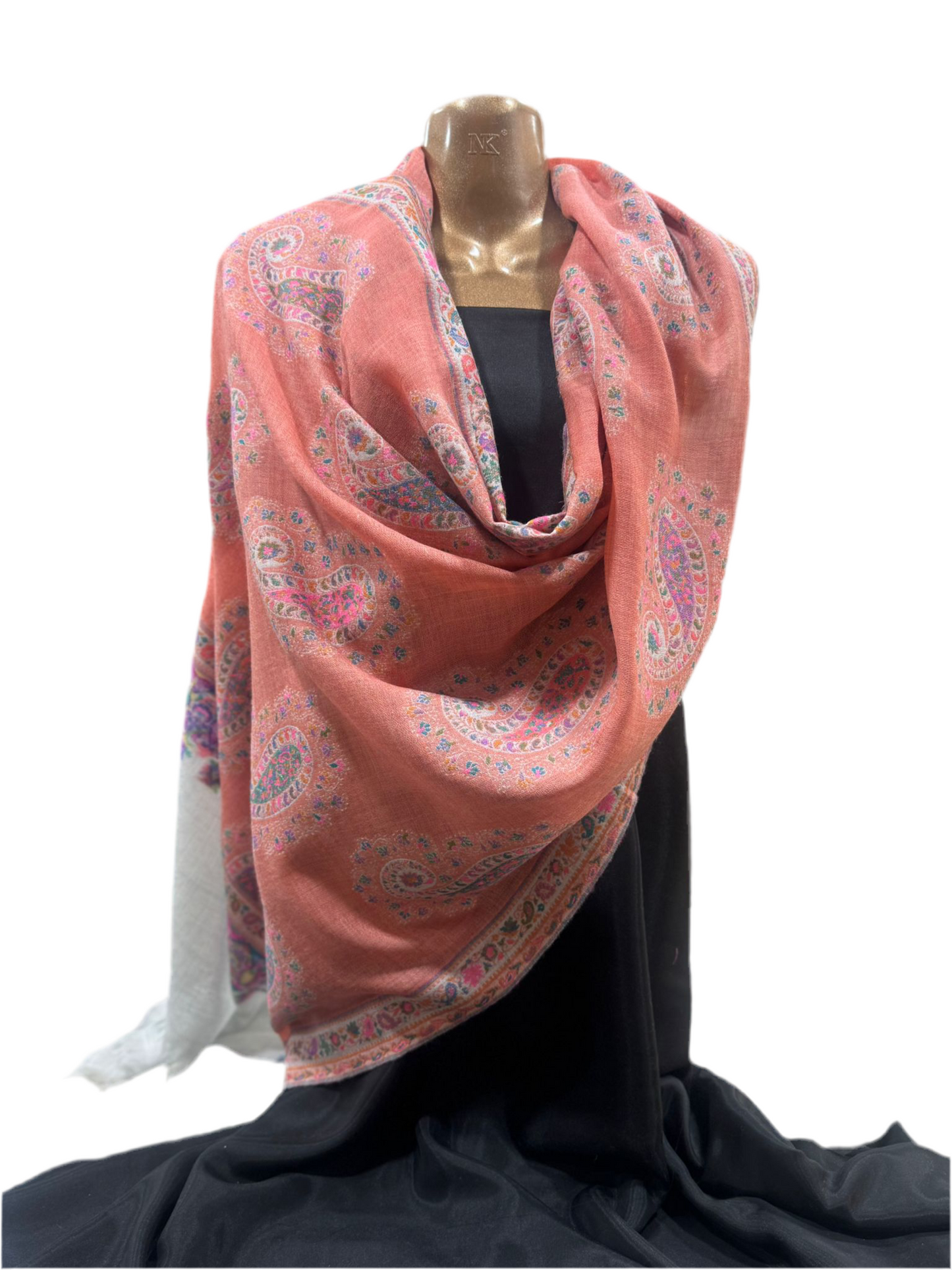 Luxury Wool Shawl with Paisley & Floral Border – Coral Pink