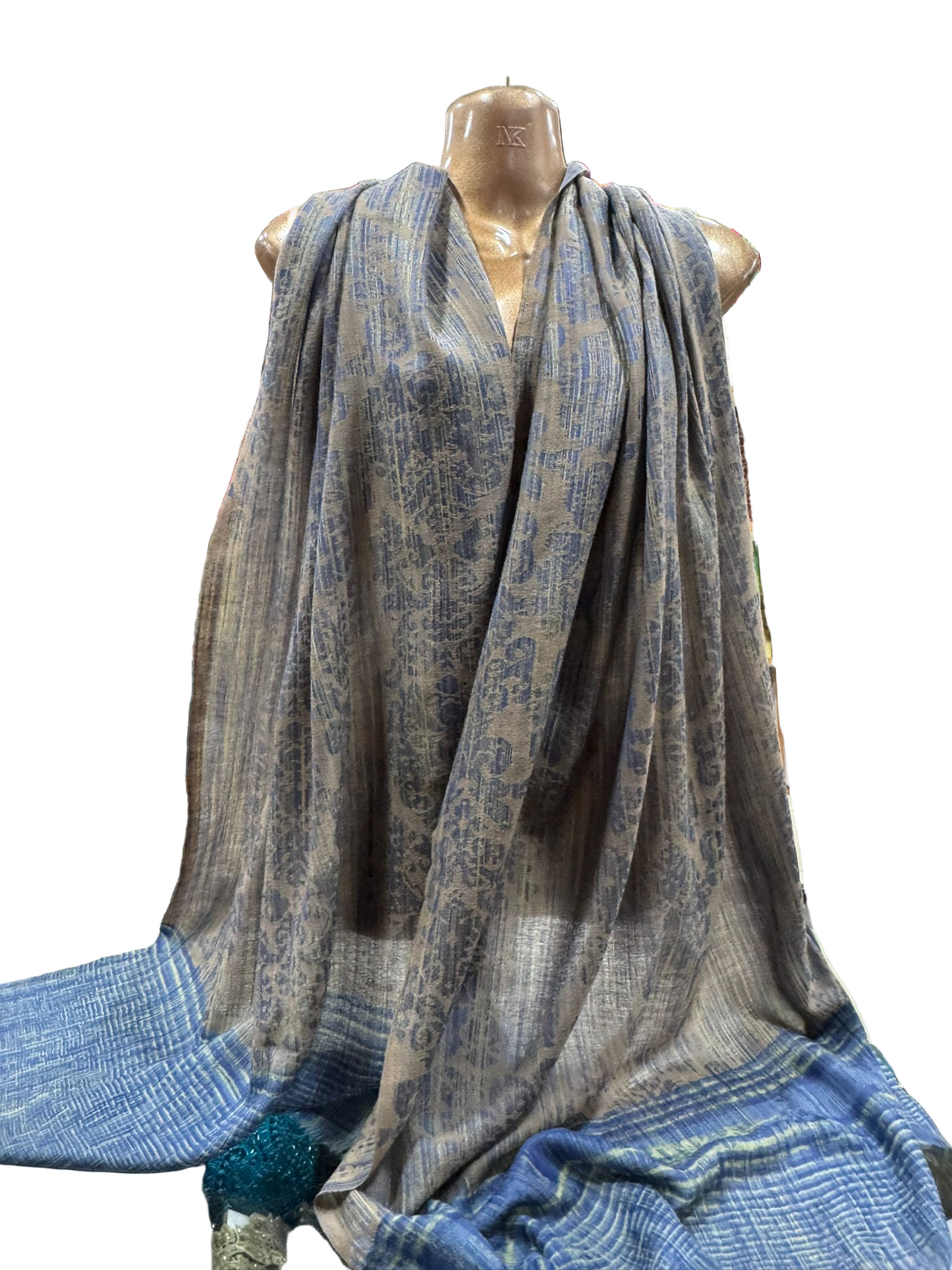 Luxury Wool Shawl – Taupe & Blue Reversible Weave (100% Wool, Online Exclusive)